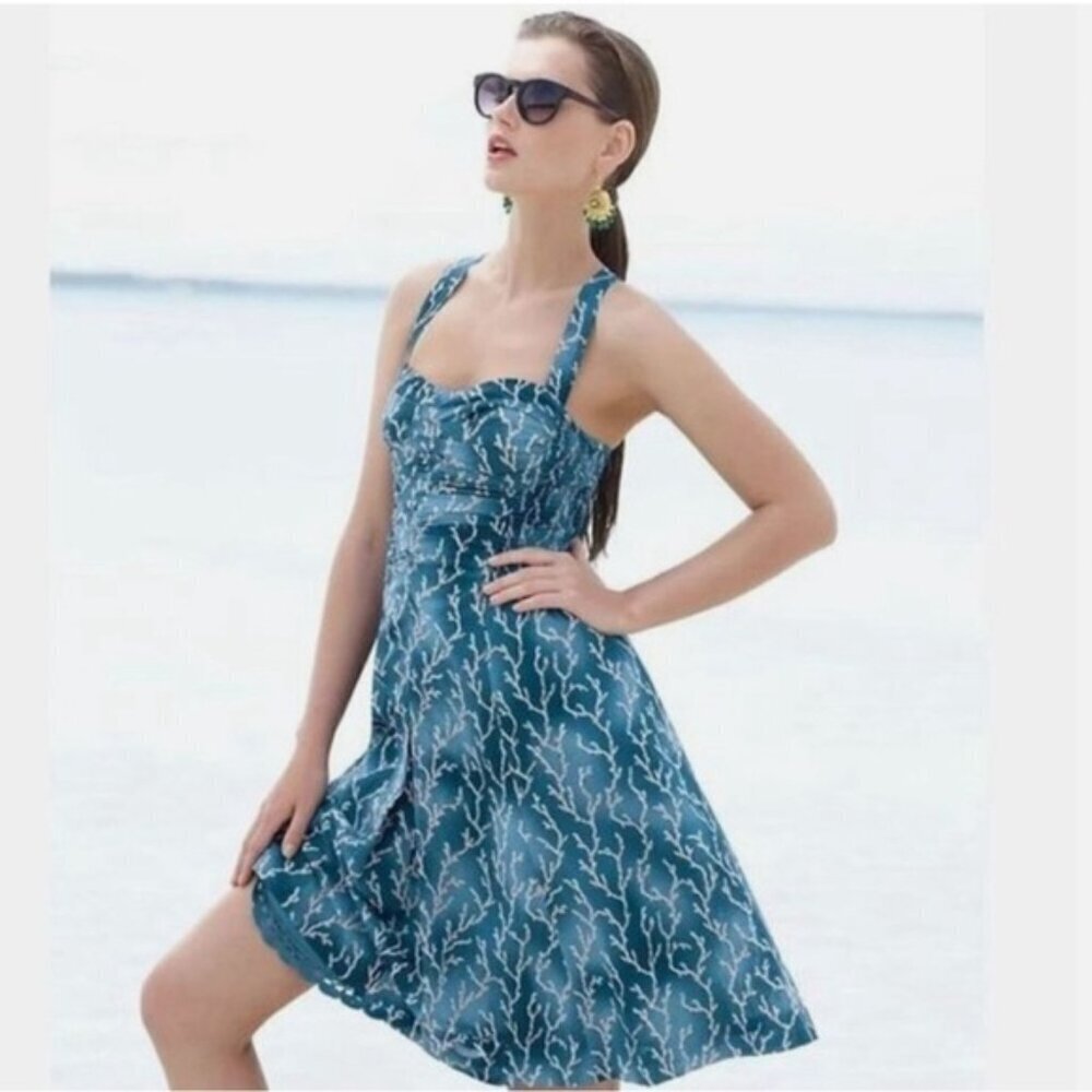 Anthro HD in Paris Acropora Blue Coral Fit & Flare Dress